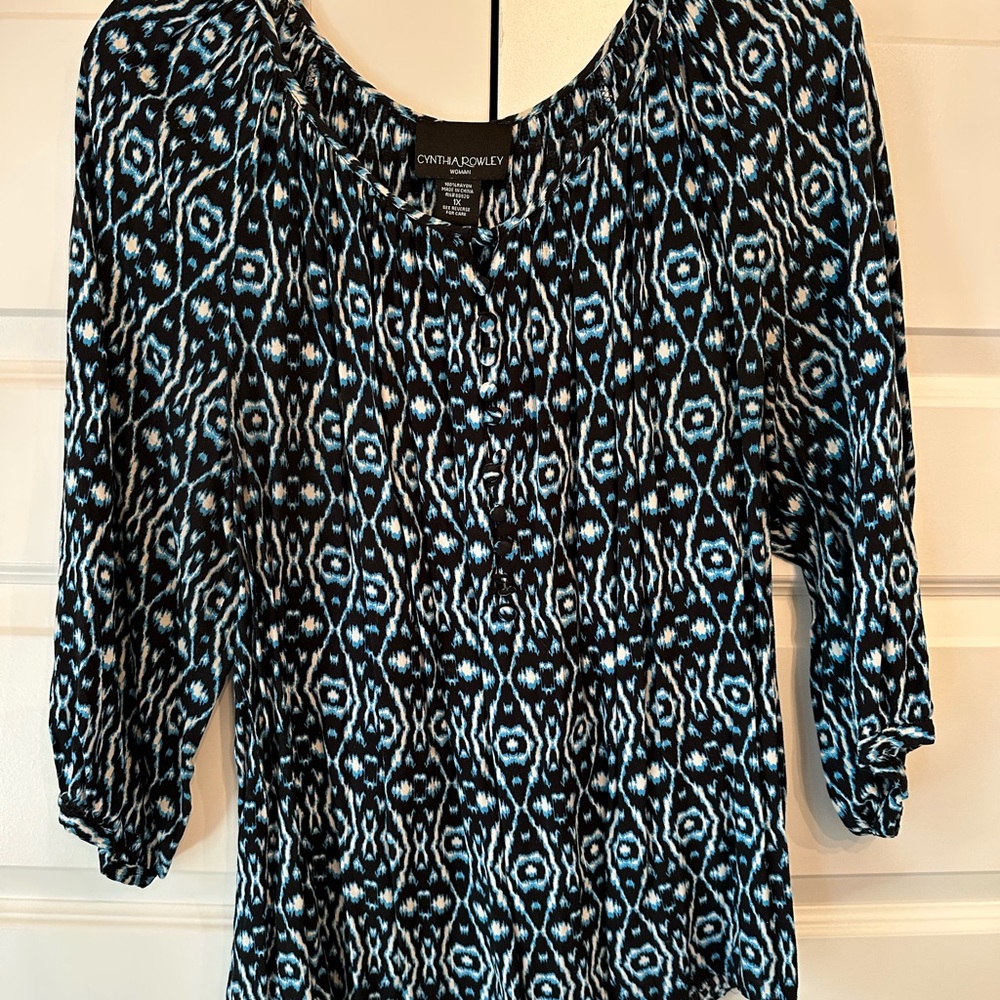 Cynthia Rowley Women Top Blue Geometric Tunic Shirt 3/4 Sleeves